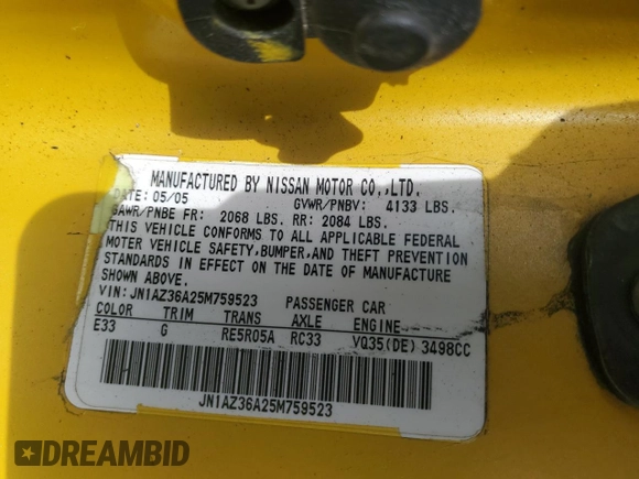 2005 Nissan 350Z Touring with VIN JN1AZ36A25M759523, listed as a Copart auction lot 43478515 with 140,771 mi miles and Salvage Title. Bid and sale history available at carsss.com. Image 12.