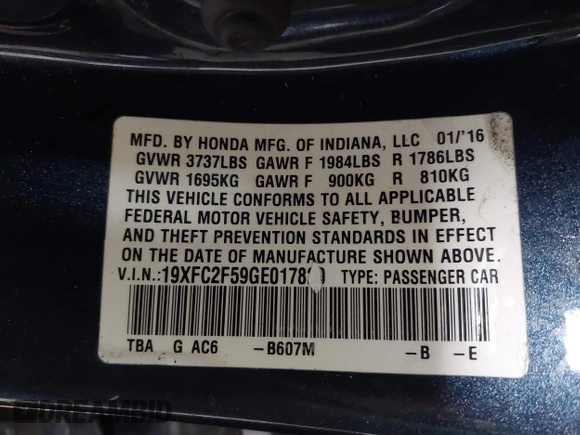 2016 Honda Civic Sedan LX with VIN 19XFC2F59GE017820, listed as a IAAI auction lot 41406871 with 126,376 mi miles. Bid and sale history available at carsss.com. Image 9.