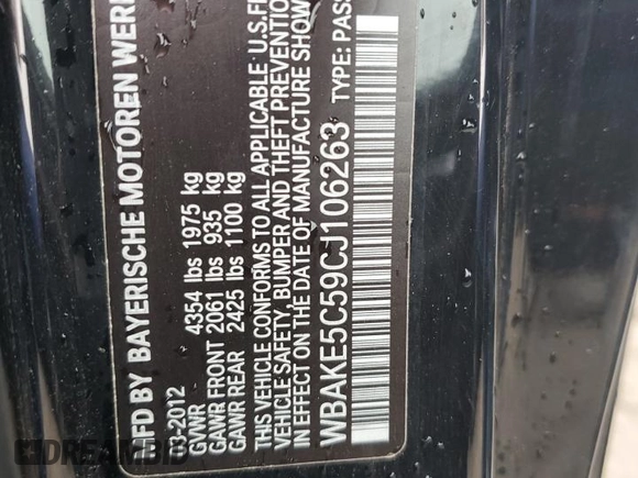 2012 BMW 3 Series 328i with VIN WBAKE5C59CJ106263, listed as a Copart auction lot 71573484 with 102,080 mi miles and Salvage Title. Bid and sale history available at carsss.com. Image 12.