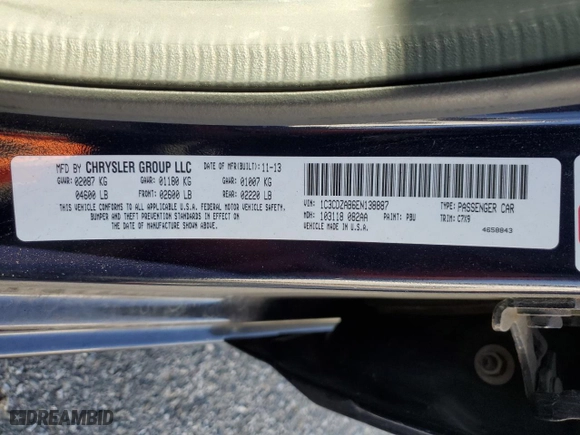 2014 Dodge Avenger SE with VIN 1C3CDZAB6EN138887, listed as a Copart auction lot 49985505 with 99,332 mi miles and Clean Title. Bid and sale history available at carsss.com. Image 12.