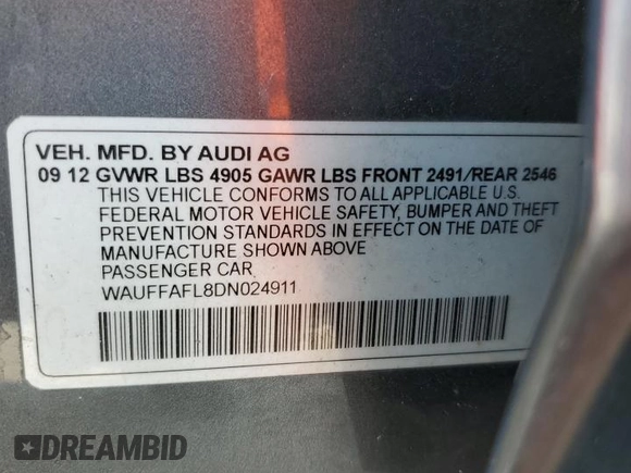 2013 Audi A4 Premium Plus with VIN WAUFFAFL8DN024911, listed as a Copart auction lot 61891325 with 167,841 mi miles and Salvage title. Bid and sale history available at DreamBid. Image 12.