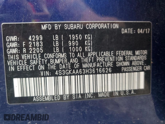2017 Subaru Impreza with VIN 4S3GKAA63H3616626, listed as a Copart auction lot 54366315 with 100,196 mi miles and Salvage title. Bid and sale history available at DreamBid. Image 12.