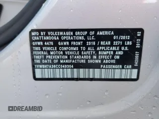 2012 Volkswagen Passat SE with VIN 1VWBH7A36CC049304, listed as a Copart auction lot 85034614 with 106,138 mi miles and Clean Title. Bid and sale history available at carsss.com. Image 12.