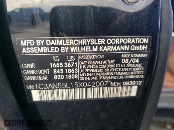 2005 Chrysler Crossfire with VIN 1C3AN55L15X042007, listed as a Copart auction lot 49208175 with 87,013 mi miles and Clean Title. Bid and sale history available at DreamBid. Image 12.