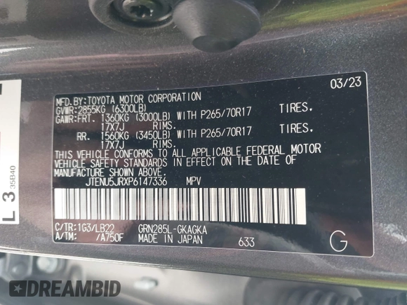 2023 Toyota 4Runner SR5 Premium with VIN JTENU5JRXP6147336, listed as a IAAI auction lot 41920981 with 41,703 mi miles and . Bid and sale history available at DreamBid. Image 9.