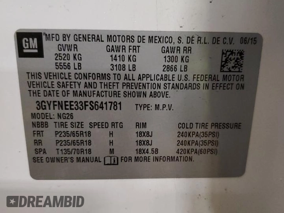 2015 Cadillac SRX Luxury Collection z VIN 3GYFNEE33FS641781, wystawiony jako Copart lot #50765905 z przebiegiem Nie podano mil oraz Szkody całkowita. Historia ofert i sprzedaży dostępna na DreamBid. Obrazek 15.