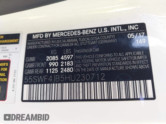 2017 Mercedes-Benz C 300 with VIN 55SWF4JB5HU230712, listed as a IAAI auction lot 41951843 with 113,736 mi miles and . Bid and sale history available at carsss.com. Image 9.