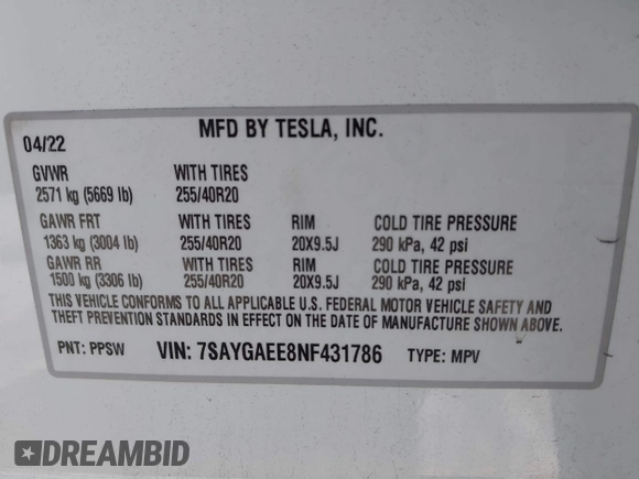 2022 Tesla Model Y Long Range with VIN 7SAYGAEE8NF431786, listed as a IAAI auction lot 41750353 with 67,846 mi miles and . Bid and sale history available at carsss.com. Image 9.