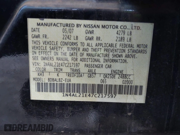 2007 Nissan Altima 2.5 with VIN 1N4AL21E47C217597, listed as a IAAI auction lot 41862644 with 1 mi miles. Bid and sale history available at carsss.com. Image 9.