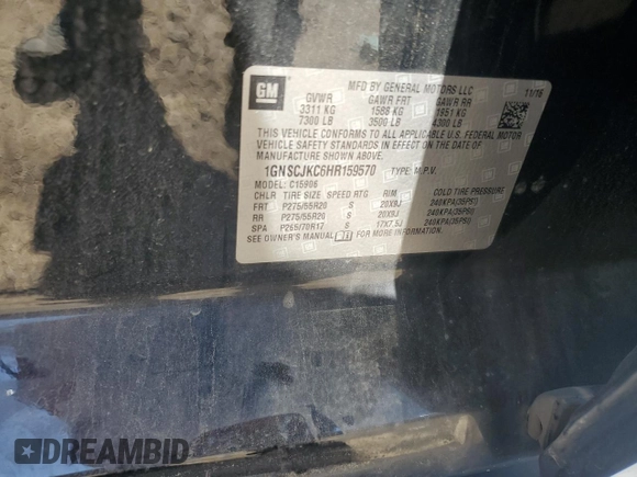 2017 Chevrolet Suburban Premier with VIN 1GNSCJKC6HR159570, listed as a Copart auction lot 55352805 with 166,661 mi miles and Salvage title. Bid and sale history available at DreamBid. Image 13.