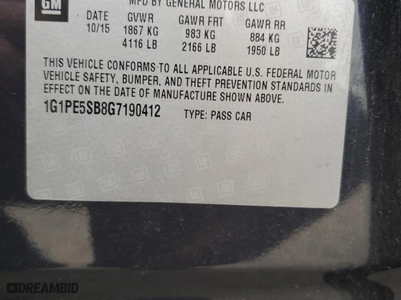 2016 Chevrolet Cruze Limited LT with VIN 1G1PE5SB8G7190412, listed as a Copart auction lot 44637885 with 143,705 mi miles and Salvage Title. Bid and sale history available at carsss.com. Image 12.