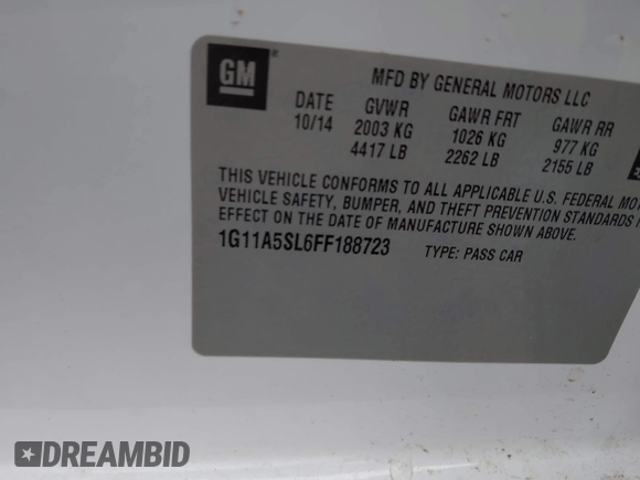 2015 Chevrolet Malibu LS with VIN 1G11A5SL6FF188723, listed as a IAAI auction lot 41905211 with 167,410 mi miles and . Bid and sale history available at DreamBid. Image 9.
