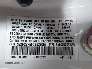 2016 Honda Civic Sedan LX with VIN 19XFC2F59GE028056, listed as a IAAI auction lot 41875940 with 124,243 mi miles. Bid and sale history available at carsss.com. Image 9.