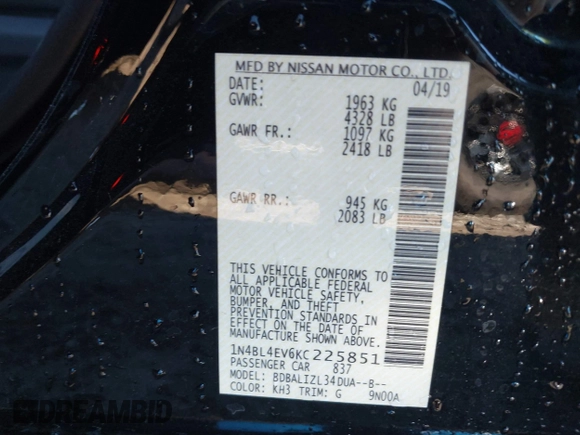 2019 Nissan Altima 2.5 SL with VIN 1N4BL4EV6KC225851, listed as a IAAI auction lot 41461897 with 83,942 mi miles. Bid and sale history available at carsss.com. Image 9.