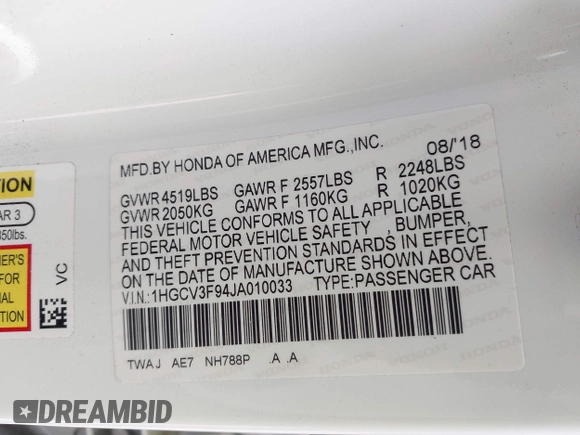 2018 Honda Accord Touring с VIN 1HGCV3F94JA010033, выставлен на аукционе IAAI как лот 41957513 с пробегом 55 740 миль миль и . История ставок и продаж доступна на DreamBid. Изображение 9.