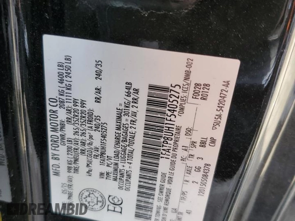 2015 Ford Mustang EcoBoost Premium with VIN 1FATP8UH1F5405275, listed as a Copart auction lot 53319535 with Not provided miles and Salvage title. Bid and sale history available at DreamBid. Image 14.