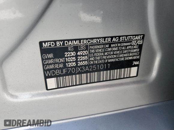 2003 Mercedes-Benz E 500 with VIN WDBUF70JX3A251011, listed as a Copart auction lot 78306784 with 39,749 mi miles and Non Repairable. Bid and sale history available at DreamBid. Image 13.
