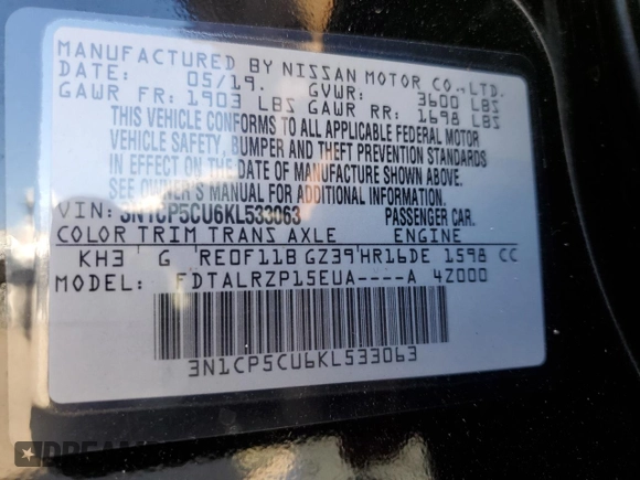 2019 Nissan Kicks SV with VIN 3N1CP5CU6KL533063, listed as a Copart auction lot 48468135 with 18,557 mi miles and Salvage Title. Bid and sale history available at DreamBid. Image 12.
