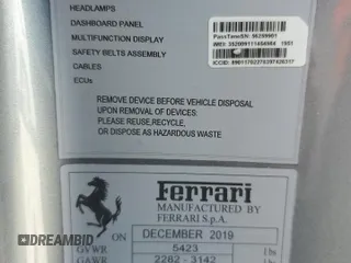 2020 Ferrari GTC4Lusso с VIN ZFF82WNA0L0253343, выставлен на аукционе Copart как лот 57823135 с пробегом 20 721 миль миль и Списание • Salvage title. История ставок и продаж доступна на DreamBid. Изображение 12.
