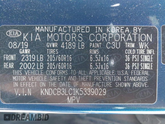 2019 Kia Niro LX with VIN KNDCB3LC1K5339029, listed as a IAAI auction lot 41506669 with 1 mi miles. Bid and sale history available at carsss.com. Image 9.