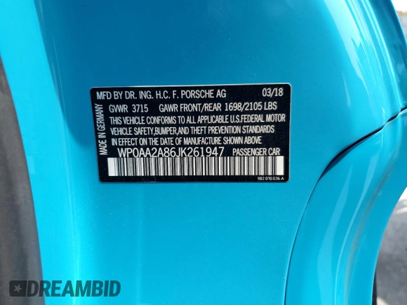 2018 Porsche 718 Cayman z VIN WP0AA2A86JK261947, wystawiony jako Copart lot #51666454 z przebiegiem 71 309 mil mil oraz Szkoda całkowita • Salvage title. Historia ofert i sprzedaży dostępna na DreamBid. Obrazek 13.