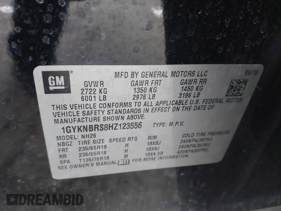 2017 Cadillac XT5 Luxury FWD with VIN 1GYKNBRS8HZ123556, listed as a IAAI auction lot 41549991 with 172,338 mi miles and . Bid and sale history available at DreamBid. Image 9.