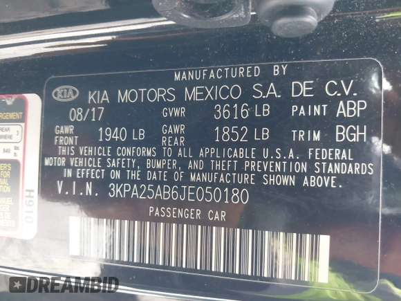 2018 Kia Rio LX with VIN 3KPA25AB6JE050180, listed as a IAAI auction lot 41183808 with 69,330 mi miles and . Bid and sale history available at DreamBid. Image 9.