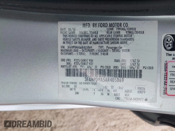 2010 Ford Fusion SE with VIN 3FAHP0HA5AR405869, listed as a IAAI auction lot 42135556 with 189,712 mi miles and . Bid and sale history available at carsss.com. Image 9.