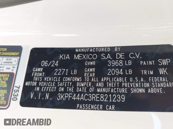 2024 Kia Forte GT with VIN 3KPF44AC3RE821239, listed as a IAAI auction lot 42025884 with 6,593 mi miles and . Bid and sale history available at DreamBid. Image 9.