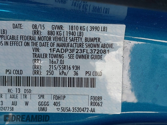 2015 Ford Focus SE with VIN 1FADP3F23FL372081, listed as a IAAI auction lot 41936051 with 45,031 mi miles. Bid and sale history available at carsss.com. Image 9.