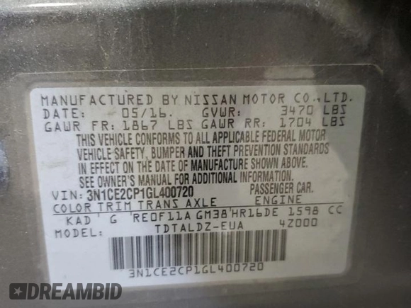 2016 Nissan Note S with VIN 3N1CE2CP1GL400720, listed as a Copart auction lot 62227665 with 92,755 mi miles and Salvage title. Bid and sale history available at DreamBid. Image 13.