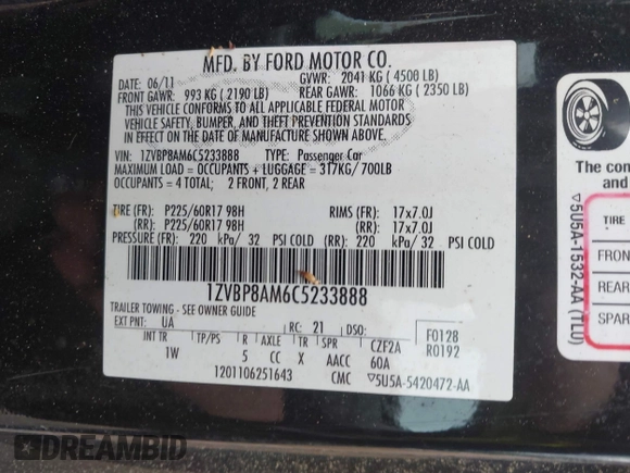 2012 Ford Mustang Premium with VIN 1ZVBP8AM6C5233888, listed as a IAAI auction lot 42714667 with 153,219 mi miles and . Bid and sale history available at DreamBid. Image 9.