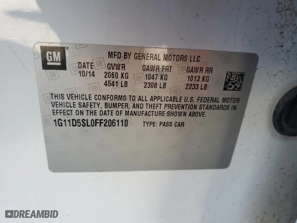 2015 Chevrolet Malibu LT with VIN 1G11D5SL0FF206110, listed as a Copart auction lot 89384325 with 142,767 mi miles and Salvage Title. Bid and sale history available at carsss.com. Image 12.