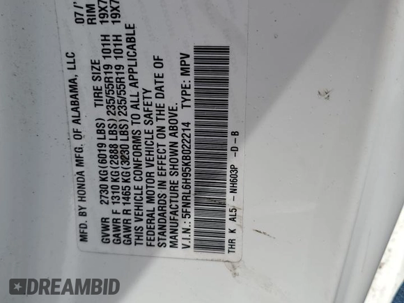 2019 Honda Odyssey Elite с VIN 5FNRL6H95KB022214, выставлен на аукционе Copart как лот 50086365 с пробегом 128 928 миль миль и Списание • Salvage title. История ставок и продаж доступна на DreamBid. Изображение 15.