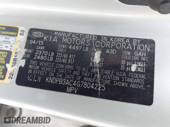 2016 Kia Sportage LX with VIN KNDPB3AC4G7804225, listed as a IAAI auction lot 41576543 with 143,613 mi miles. Bid and sale history available at carsss.com. Image 9.