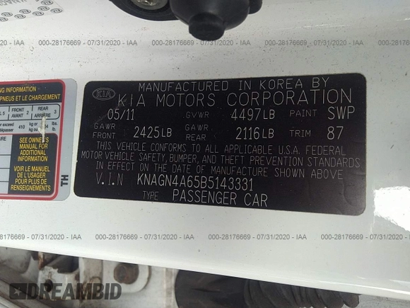 2011 Kia Optima EX with VIN KNAGN4A65B5143331, listed as a IAAI auction lot 28176669 with 162,919 mi miles and . Bid and sale history available at carsss.com. Image 9.
