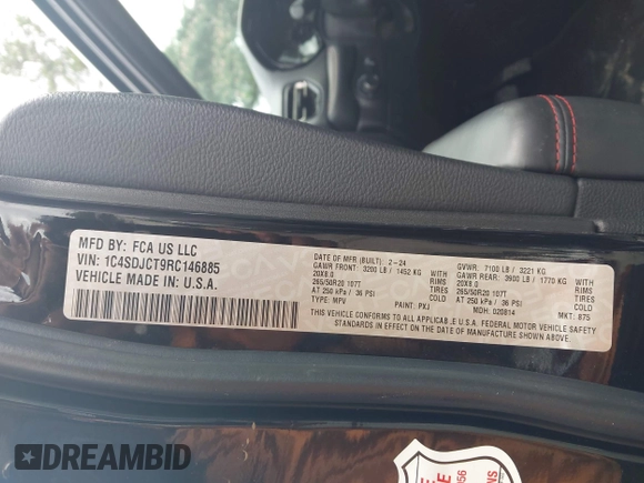 2024 Dodge Durango R/T Premium with VIN 1C4SDJCT9RC146885, listed as a IAAI auction lot 42531140 with 45,160 mi miles and . Bid and sale history available at DreamBid. Image 9.