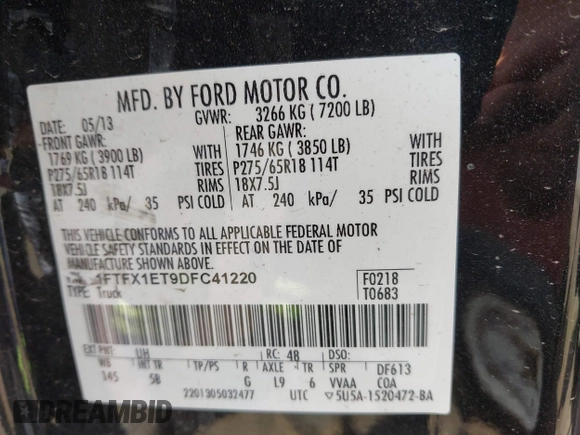 2013 Ford F-150 XL with VIN 1FTFX1ET9DFC41220, listed as a IAAI auction lot 42229913 with 181,404 mi miles and . Bid and sale history available at DreamBid. Image 9.