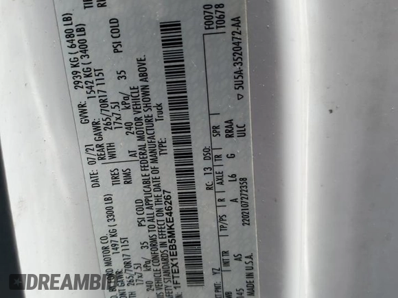 2021 Ford F-150 XL z VIN 1FTEX1EB5MKE46267, wystawiony jako Copart lot #61640855 z przebiegiem Nie podano mil oraz Szkoda całkowita • Salvage title. Historia ofert i sprzedaży dostępna na DreamBid. Obrazek 12.