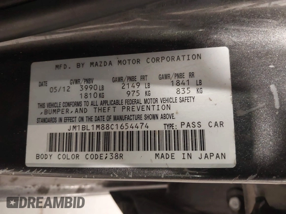 2012 Mazda 3 i Grand Touring with VIN JM1BL1M88C1654474, listed as a IAAI auction lot 41944599 with 174,107 mi miles and . Bid and sale history available at DreamBid. Image 9.