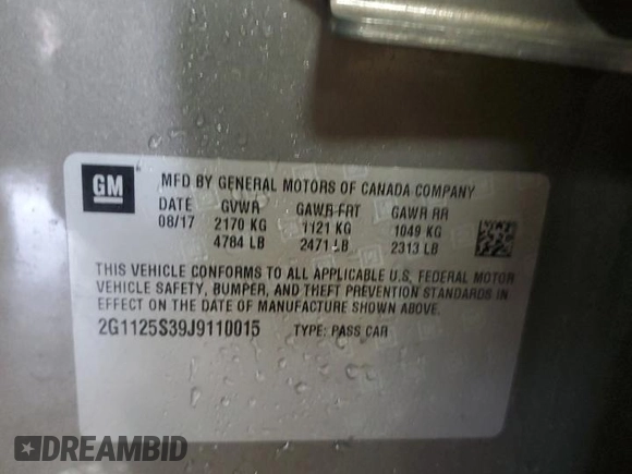 2018 Chevrolet Impala Premier with VIN 2G1125S39J9110015, listed as a Copart auction lot 86891744 with 124,108 mi miles and Salvage Title. Bid and sale history available at DreamBid. Image 13.