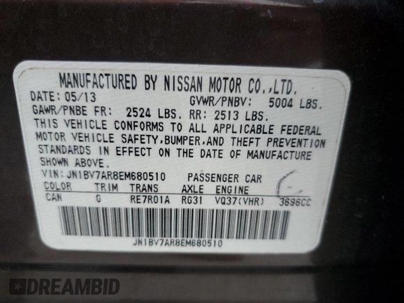 2014 Infiniti Q50 Premium with VIN JN1BV7AR8EM680510, listed as a Copart auction lot 43735965 with 193,304 mi miles and Salvage title. Bid and sale history available at DreamBid. Image 13.