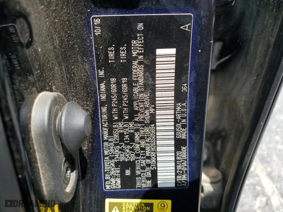 2016 Toyota Highlander XLE with VIN 5TDKKRFH2GS505694, listed as a Copart auction lot 54277914 with 82,424 mi miles and Salvage Title. Bid and sale history available at carsss.com. Image 15.