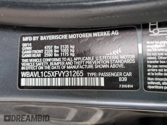 2015 BMW X1 xDrive28i with VIN WBAVL1C5XFVY31265, listed as a Copart auction lot 47543025 with 124,986 mi miles and Salvage Title. Bid and sale history available at carsss.com. Image 14.
