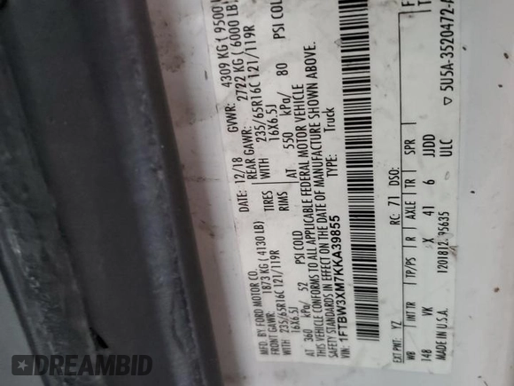 2019 Ford Transit Cargo with VIN 1FTBW3XM7KKA39855, listed as a Copart auction lot 85120994 with 121,522 mi miles and Salvage Title. Bid and sale history available at DreamBid. Image 13.