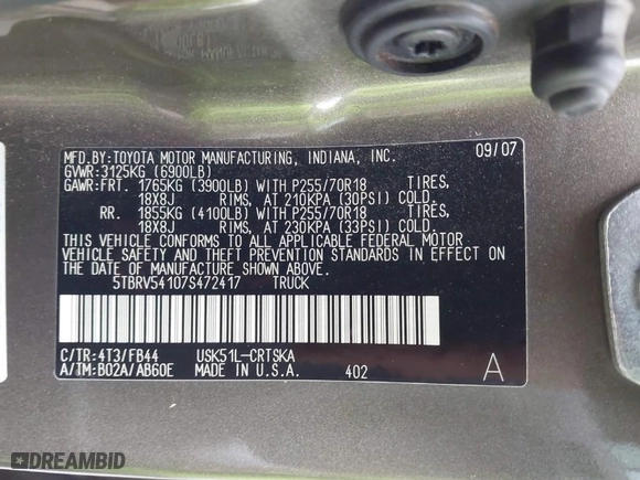 2007 Toyota Tundra SR5 with VIN 5TBRV54107S472417, listed as a IAAI auction lot 41547182 with 189,640 mi miles. Bid and sale history available at carsss.com. Image 9.