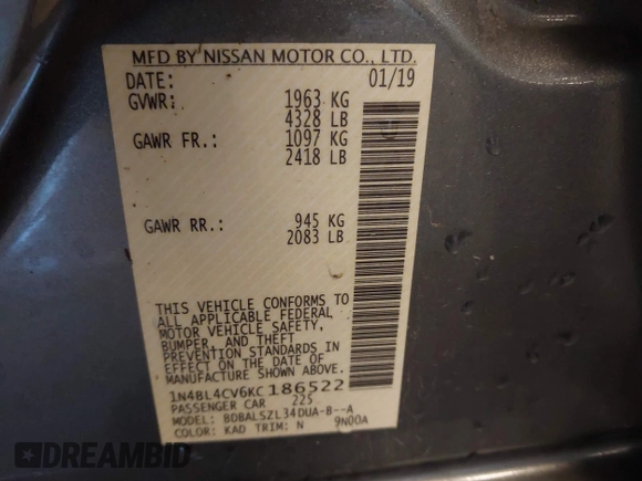 2019 Nissan Altima SR with VIN 1N4BL4CV6KC186522, listed as a IAAI auction lot 41773234 with 95,654 mi miles and . Bid and sale history available at DreamBid. Image 9.
