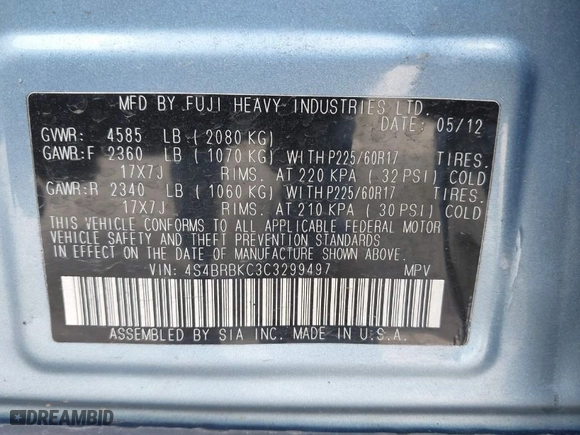 2012 Subaru Outback 2.5i Limited with VIN 4S4BRBKC3C3299497, listed as a IAAI auction lot 42009217 with 98,310 mi miles. Bid and sale history available at carsss.com. Image 9.
