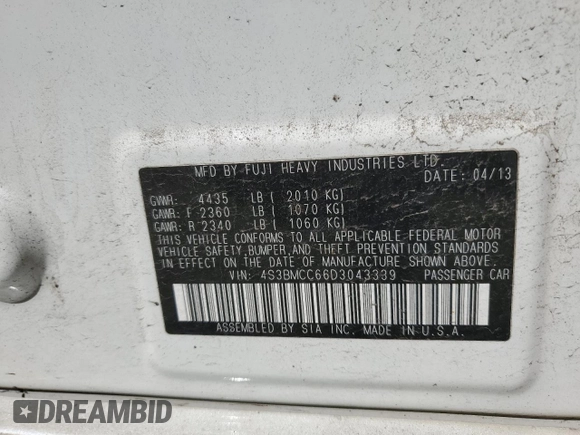 2013 Subaru Legacy Premium with VIN 4S3BMCC66D3043339, listed as a Copart auction lot 52155975 with 183,301 mi miles and Salvage title. Bid and sale history available at DreamBid. Image 14.