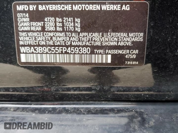 2015 BMW 3 Series 335i xDrive with VIN WBA3B9C55FP459380, listed as a Copart auction lot 87416274 with 198,524 mi miles and Clean title. Bid and sale history available at DreamBid. Image 12.